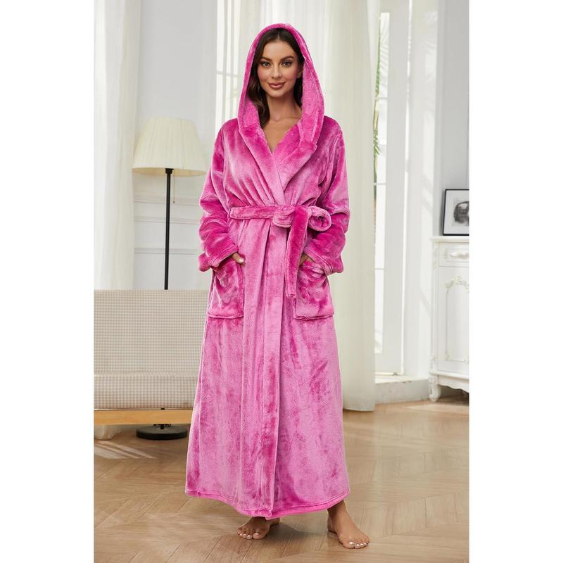 Womens Long Hooded Plush Robe, Soft Thick Warm Fleece Bathrobe Full Length House Coat