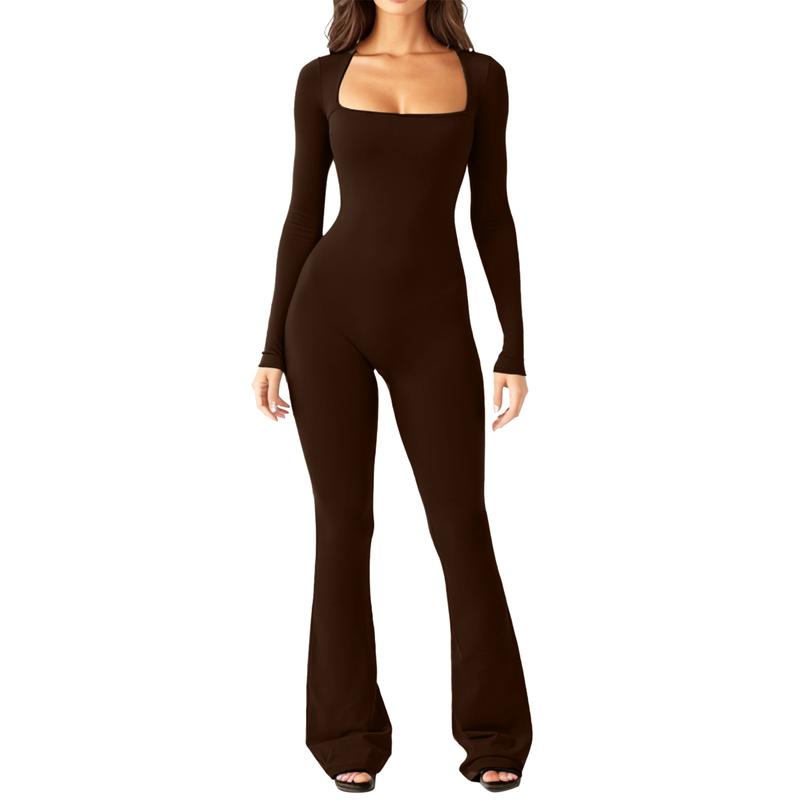 Women’s Long Sleeved Piece Jumpsuit with  Sexy Belly Waist Soft Square Basic Belly Outfit Fit Wide  Elastic Womenswear Bodycon Breathable