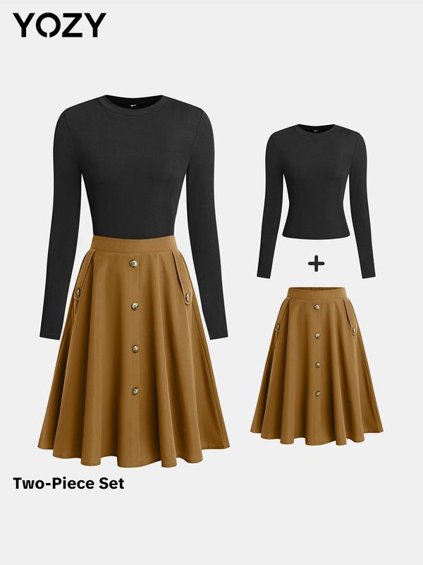 Black Friday Deals YOZY [size 8-18] Solid Round Neck Tee & Elastic Waist Pocket Skirt Set  Casual Fashion Cozy Long Sleeve Top & Button Skirt Set, Christmas 2024 Trend, Thanksgiving Clothes, Fall Clothes, Winter Clothes