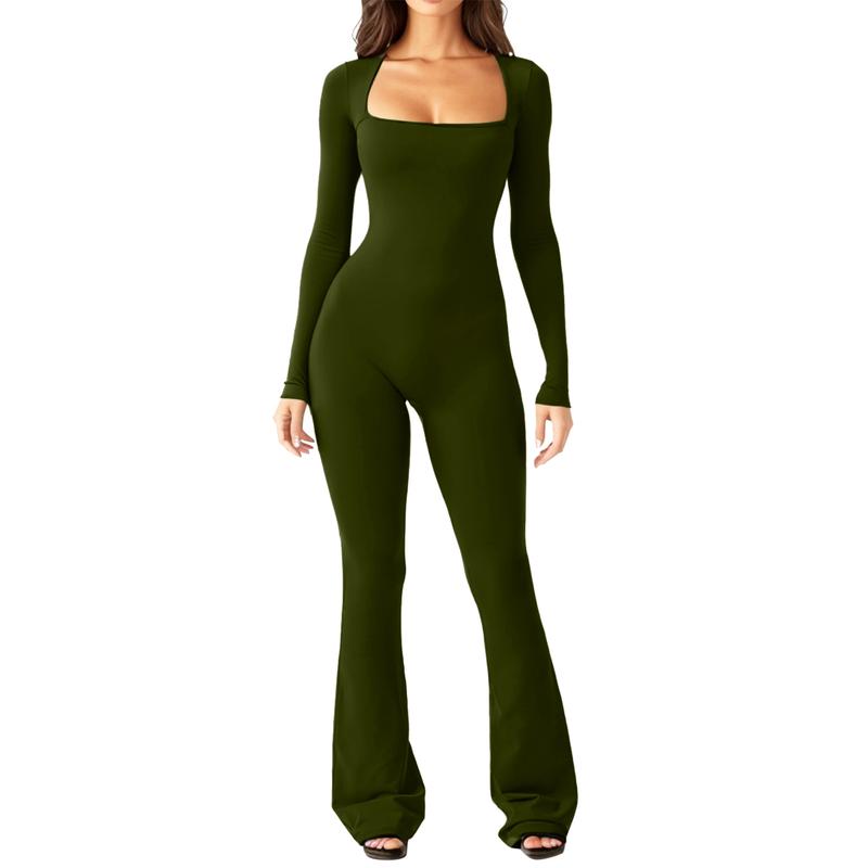 Women’s Long Sleeved Piece Jumpsuit with  Sexy Belly Waist Soft Square Basic Belly Outfit Fit Wide  Elastic Womenswear Bodycon Breathable