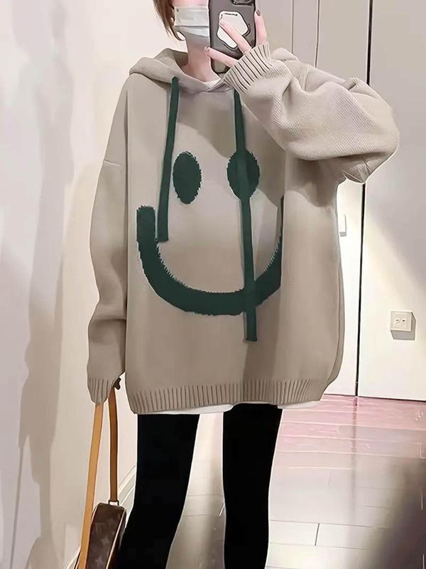 Women's Cartoon Face Print Drop Shoulder Hooded Sweater, Fashion Casual Drawstring Hooded Jumper for Daily Holiday Outdoor Wear,  Sweaters for Women,  Women Clothing for Fall & Winter