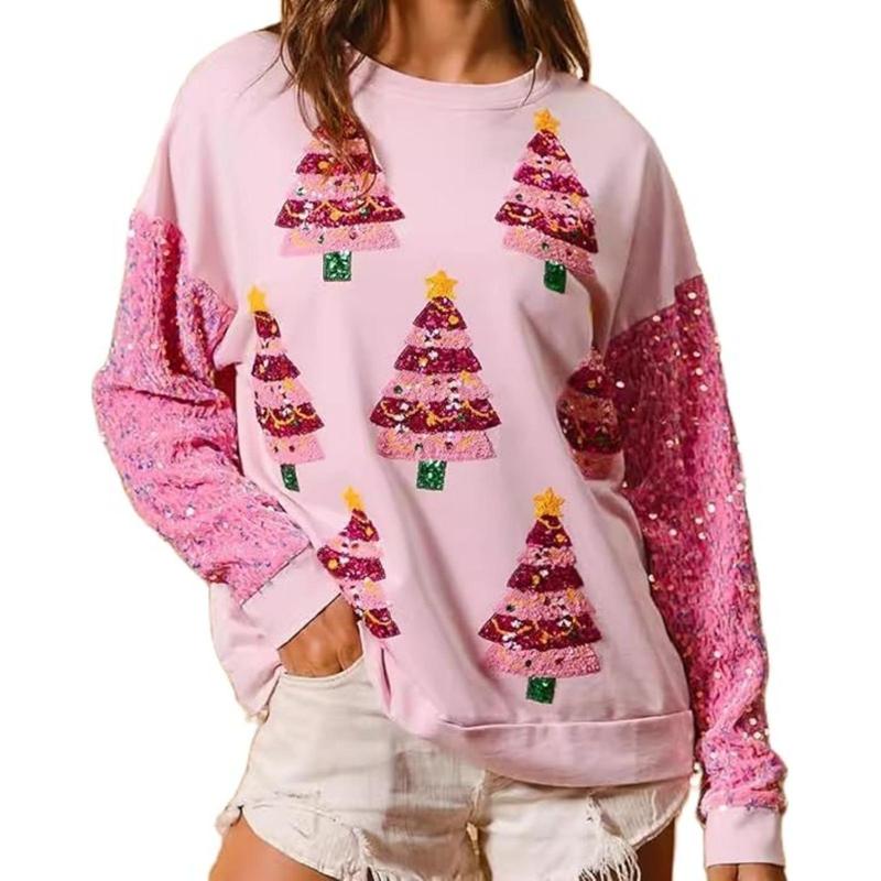 Women's Cute Santa Christmas Sweatshirts Funny Graphic Lightweight Sequin Long Sleeve Pullover Hoodies