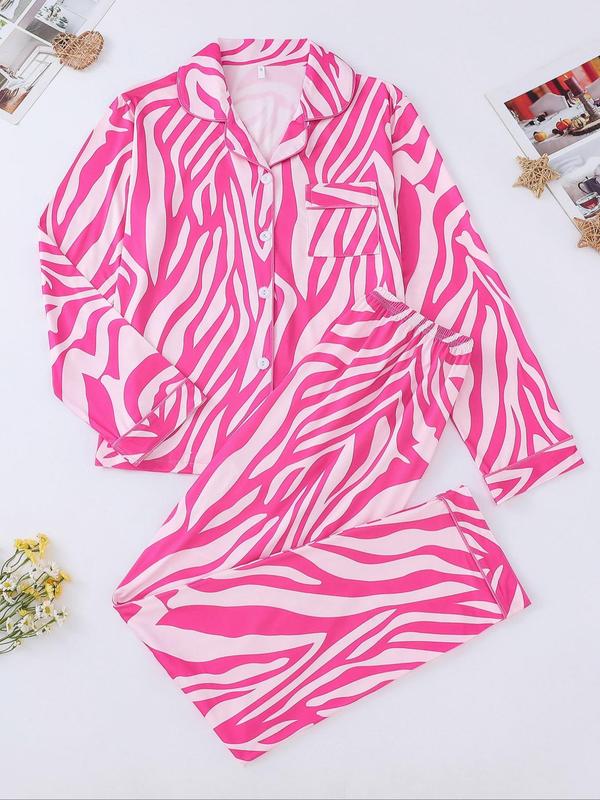 Women's Zebra Stripe Print Pocket Button Front Pajama Set, Casual Long Sleeve Lapel Blouse & Elastic Waist Pants,  Pajama Sets Women, Lady Homewear for Spring & Fall, Girly Night Clothes, Fall Wear, Fallfreshness Clothes