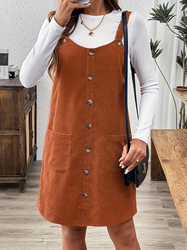 Women's Plain Pocket Pinafore Dress, Casual Sleeveless Fake Buttons Decor Short Dress for Spring & Fall, Women's Clothing for Daily Wear