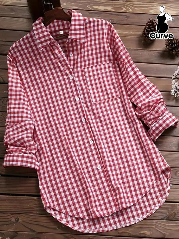 Plus Size Gingham Print Button Front High Low Shirt, Casual Long Sleeve Pocket Top for Spring & Fall, Women's Clothes for Daily Wear, Fall Outfits 2024