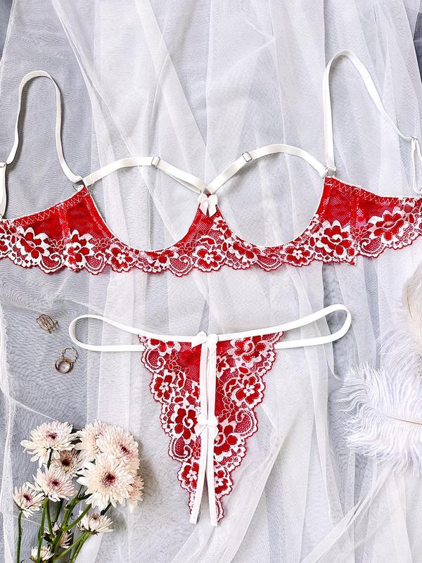 Women's Floral Lace Bra & Thong Two-piece Set, Cut Out Bra & Panty Set, Lingerie Set for Women