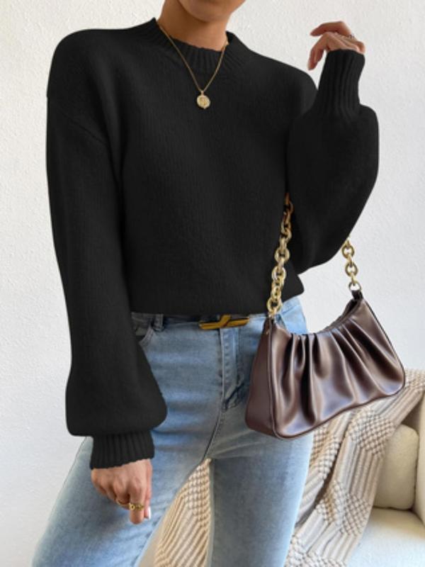 Women's Plain Drop Shoulder Mock Neck Sweater Pullover, Casual Long Sleeve Jumper for Fall & Winter, Women's Knitwear for Daily Wear