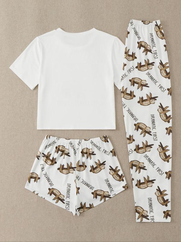 Three-Piece Set Women's Cute Cartoon Sloth Print Tee & Shorts & Pants Pyjama Set, Casual Comfy Crew Neck T-Shirt & Shorts & Trousers PJ Set, Summer Clothes Women, Summer Wear 2024, Women's Sleepwear