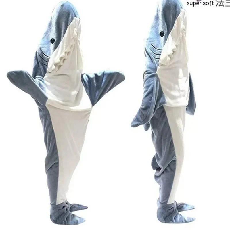 Thickened Warm Flannel Cartoon Shark Sleeping Bag Animal One-Piece Homewear Men Women Pajamas Robe Plush Thick Cute Sleepwear