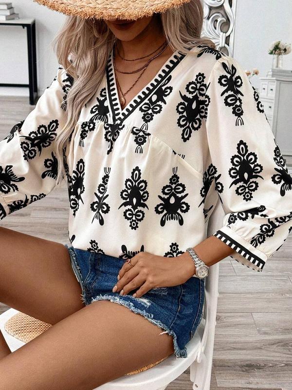 Women's Ethnic Pattern Bishop Sleeve V Neck Blouse, Boho Casual 3 4 Sleeve Top for Spring & Fall, Fall Clothing Women, Women's Clothing for Daily Wear