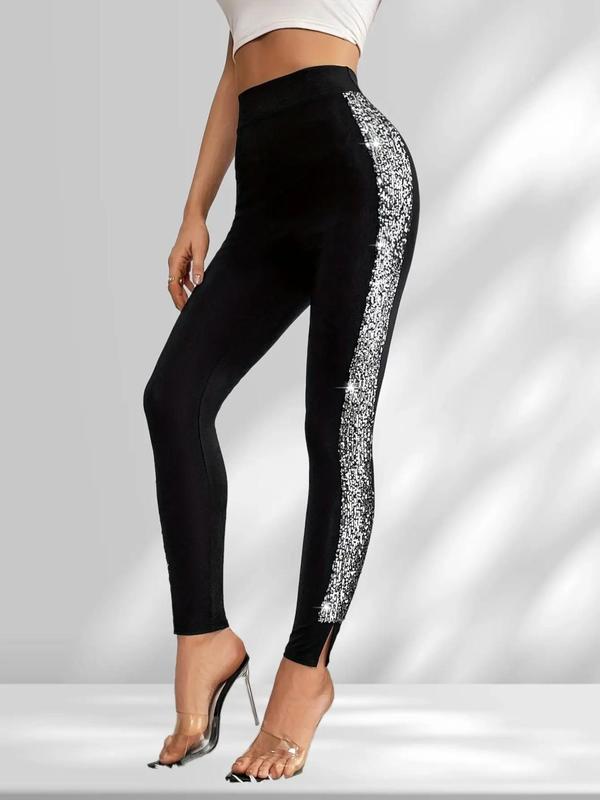 Women's Contrast Sequin Split Hem Leggings, Casual Comfy High Waist Skinny Pants for Daily Wear, Ladies Bottoms for Spring & Fall