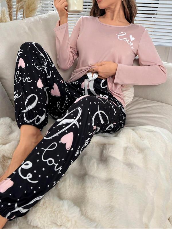 Two-Piece Set Women's Letter Print Tee & Pants Pyjamas, Casual Comfy Round Neck Long Sleeve T-shirt & Elastic Waist Trousers PJ Set, Women's Sleepwear for Fall & Winter