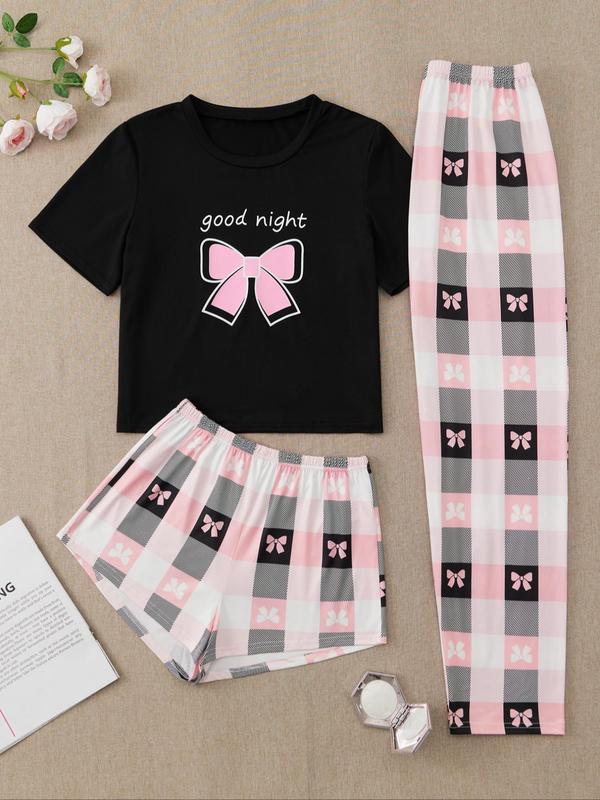 Three-Piece Set Women's Cute Cartoon Sloth Print Tee & Shorts & Pants Pyjama Set, Casual Comfy Crew Neck T-Shirt & Shorts & Trousers PJ Set, Summer Clothes Women, Summer Wear 2024, Women's Sleepwear