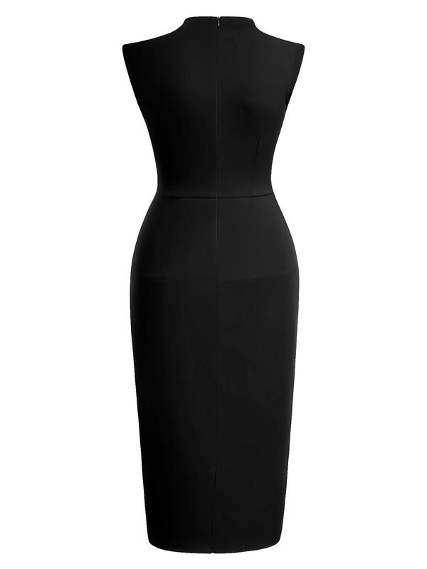 Women's Sexy Plain Ruched Mock Neck Pencil Dress, Lady Casual Comfort Solid Sleeveless Knee Length Bodycon Dress for Party Holiday Wedding, Dresses for Summer Casual Wear, Ladies Summer Clothes, Womenswear