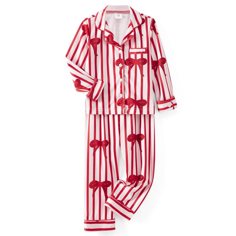 New Red Family Matching Pajama Set Lapel Neck Button-up Long Sleeve Tops Long Pants 2-Piece Bow Solid Color Loungewear Outfit