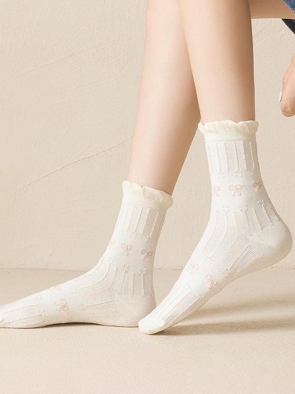 Women's 9 Pairs Bow & Heart Embroidery Frill Trim Crew Socks, Fashion Casual Comfy Breathable Socks for Daily Outdoor Wear, Multipack Knit Socks for All Seasons