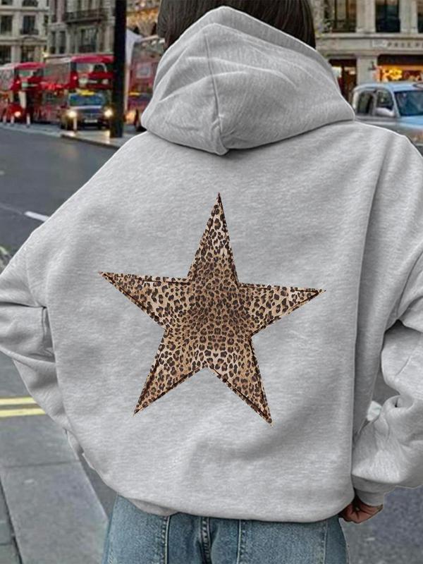 Women's Leopard Star Print Hoodie, Fashion Casual Hooded Sweatshirt for Daily Holiday Outdoor Wear, Women Clothing for Fall & Winter