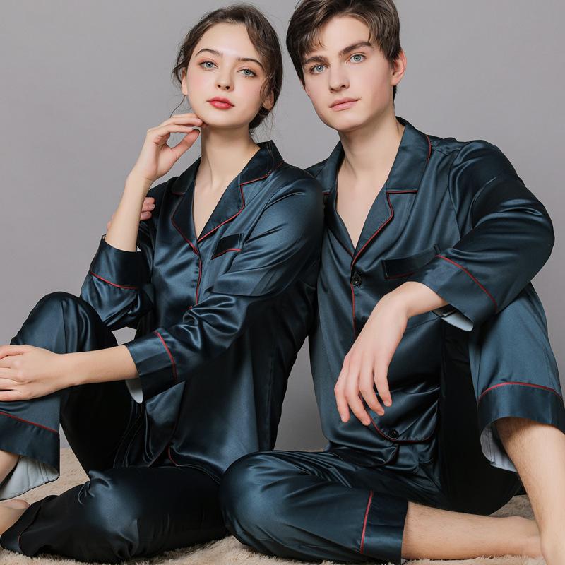 New Spring and Autumn Silk Couple Pajamas Women's Autumn Ice Silk Men's Pajamas Home Wear Long Sleeve plus Size Suit Womenswear Clothing