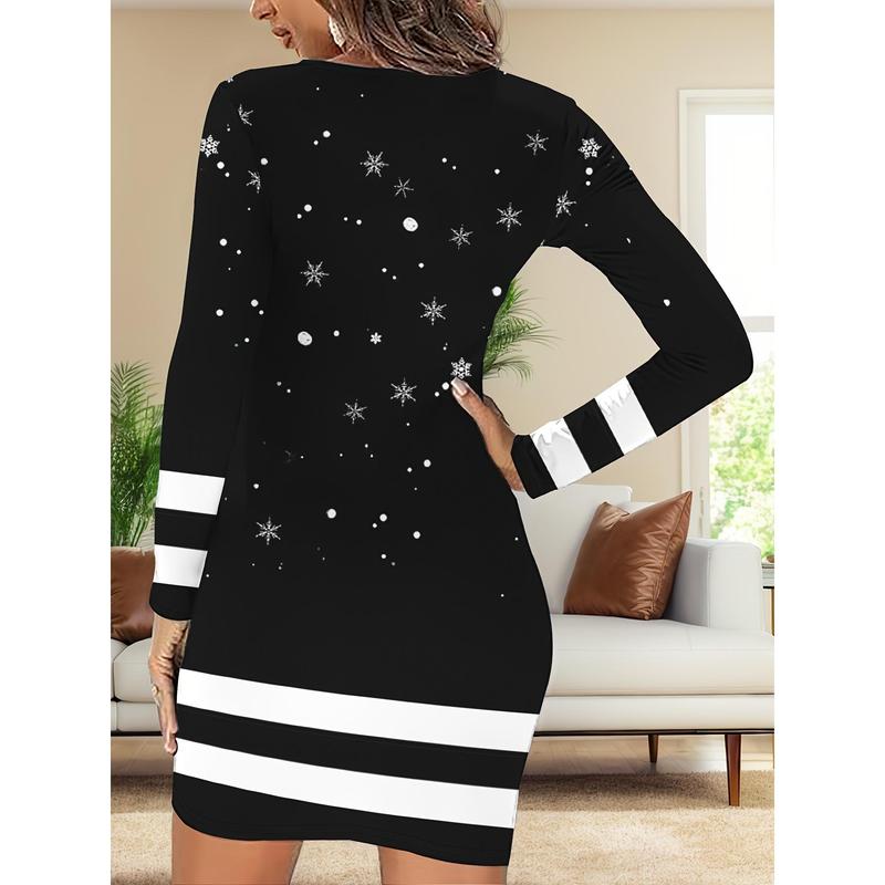 Charming Snowman Print Christmas Dress for Women - Casual Long Sleeve, Crew Neck, Bodycon Fit with Stretch Fabric