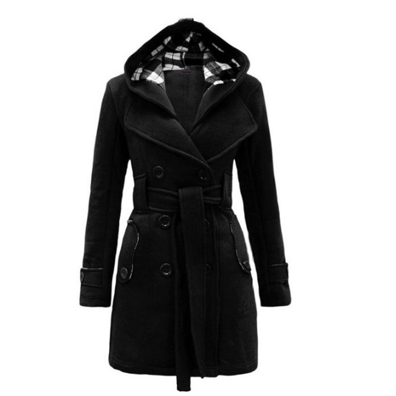 New Plaid Hooded Woolen Coat Belt Double Breasted Mid-Length Coat