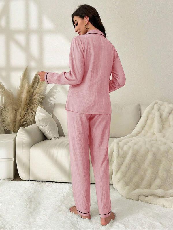 Two-Piece Set Women's Solid Textured Bow Decor Lapel Shirt & Elastic Waist Pants Pyjama, Casual Comfy Long Sleeve Button Front Top & Trousers PJ Set, Women's Sleepwear for Spring & Fall