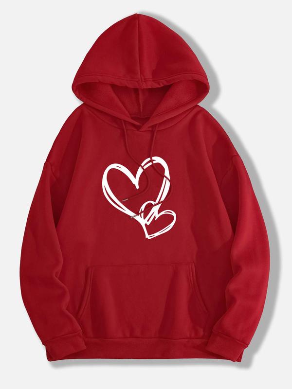  Heart Print Drop Shoulder Hoodie, Fashion Casual Drawstring Pocket Hooded Sweatshirt for Daily Holiday Outdoor Wear, Women Clothing for Fall & Winter