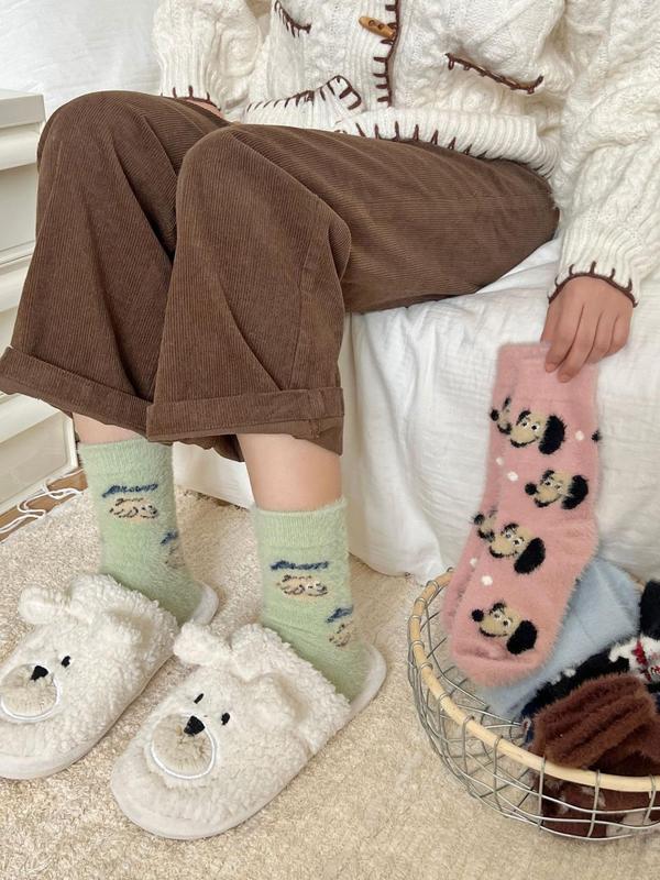 Women's Cute Animal Print Fuzzy Socks, Casual Soft Comfy Floor Socks for Fall & Winter, Women's Socks for Daily Wear