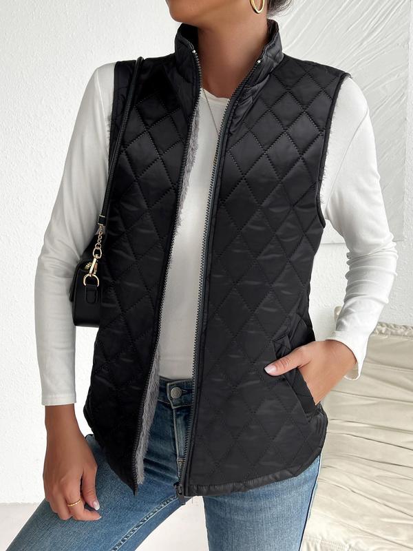 Women's Solid Zip Up Pocket Quilted Vest Coat, Casual Stand Collar Sleeveless Outerwear for Fall & Winter, Ladies Clothes for Daily Wear