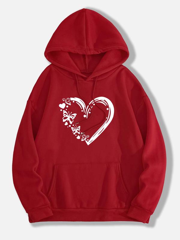  Heart Print Drop Shoulder Hoodie, Fashion Casual Drawstring Pocket Hooded Sweatshirt for Daily Holiday Outdoor Wear, Women Clothing for Fall & Winter