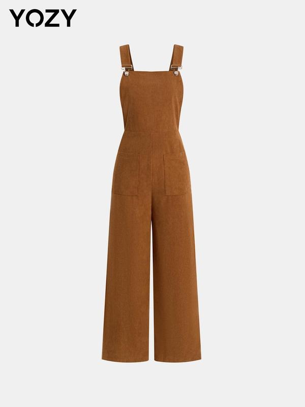 YOZY Women's Solid Color Corduroy Overalls Jumpsuit, Casual Adjustable Strap Pocket Wide Leg Jumpsuit for Fall, Women's Jumpsuit for Daily Wear