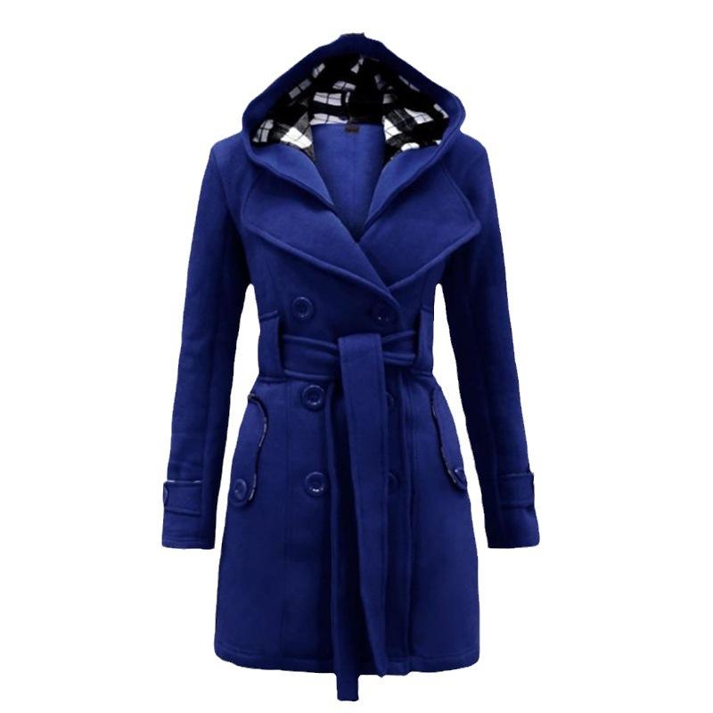 New Plaid Hooded Woolen Coat Belt Double Breasted Mid-Length Coat