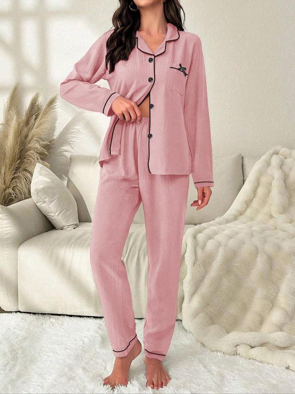 Two-Piece Set Women's Solid Textured Bow Decor Lapel Shirt & Elastic Waist Pants Pyjama, Casual Comfy Long Sleeve Button Front Top & Trousers PJ Set, Women's Sleepwear for Spring & Fall