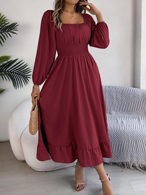 Women's Plain Ruched Ruffle Hem A Line Dress, Elegant Bishop Sleeve Square Neck Long Dress for Fall, Dresses for Women, Fall Outfits, Birthday Dress 2024, Ladies Clothes for Daily Vacation Outdoor