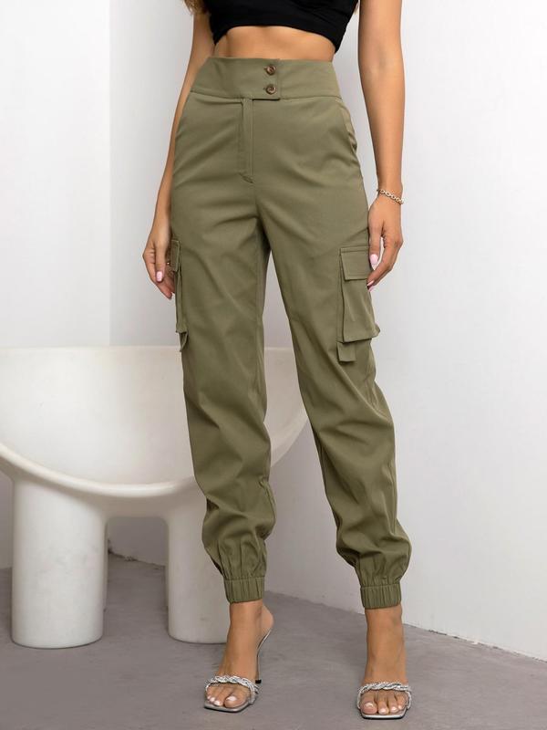 Women's Plain Flap Pocket Buttons High Waist Cargo Pants, Street Casual Comfy Pants For Daily Wear, Ladies Fall & Winter Trousers