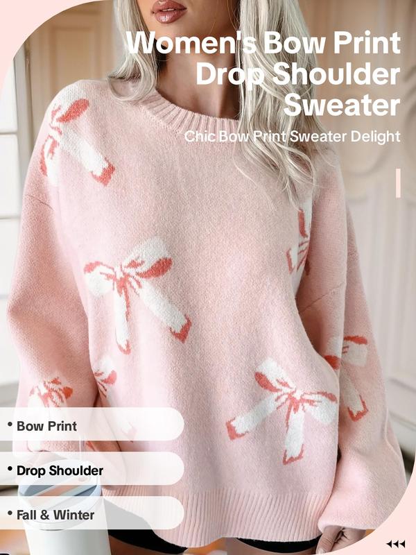 Women's Bow Print Drop Shoulder Sweater, Casual Long Sleeve Round Neck Jumper for Fall & Winter, Sweaters for Women, Fashion Ladies' Knitwear for Daily Wear