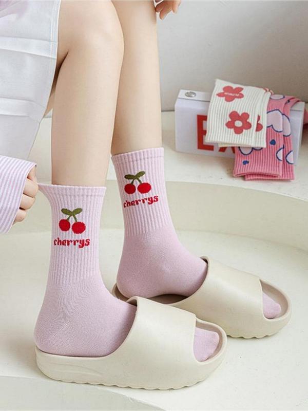 Women's 5 Pairs Floral & Heart Print Crew Socks, Cute Casual Moisture Wicking Socks, Soft Comfy Breathable Socks for All Seasons Daily Wear