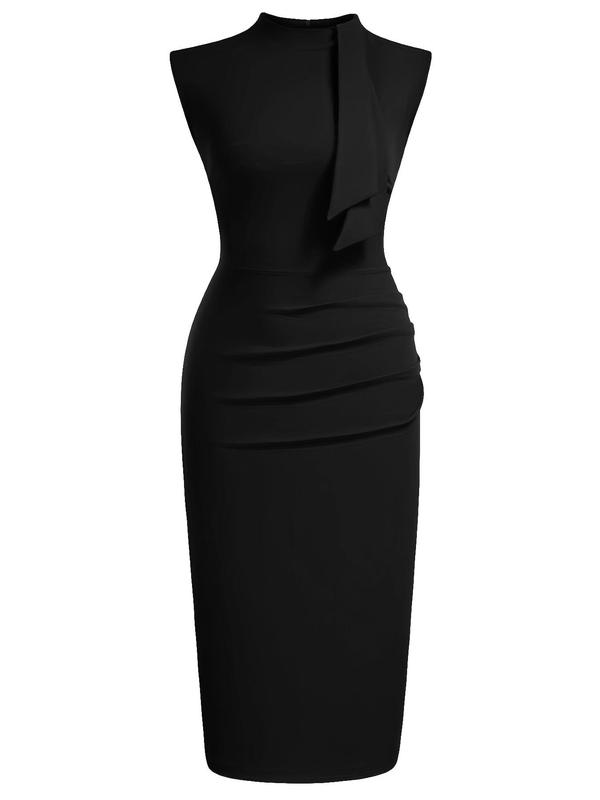 Women's Sexy Plain Ruched Mock Neck Pencil Dress, Lady Casual Comfort Solid Sleeveless Knee Length Bodycon Dress for Party Holiday Wedding, Dresses for Summer Casual Wear, Ladies Summer Clothes, Womenswear