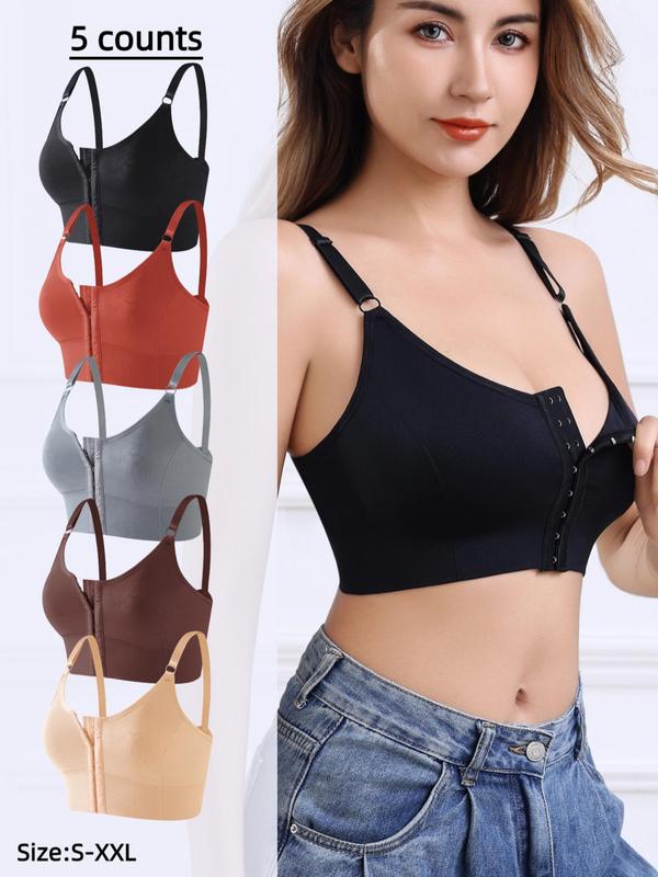 Women's Solid Hook & Eye Front Wireless Backless Bra, Soft Comfortable Breathable Multiway Adjustable Strap Push Up Bra, Women's Lingerie for All Seasons