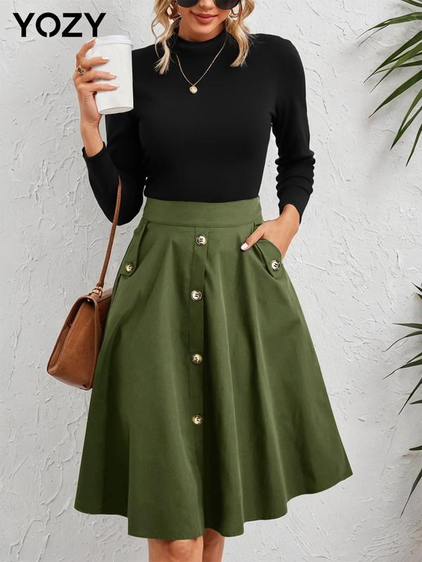 Black Friday Deals YOZY [size 8-18] Solid Round Neck Tee & Elastic Waist Pocket Skirt Set  Casual Fashion Cozy Long Sleeve Top & Button Skirt Set, Christmas 2024 Trend, Thanksgiving Clothes, Fall Clothes, Winter Clothes