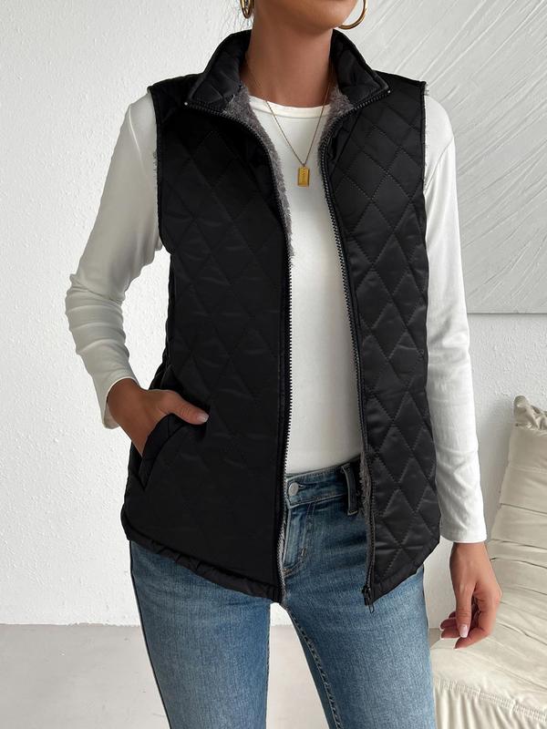 Women's Solid Zip Up Pocket Quilted Vest Coat, Casual Stand Collar Sleeveless Outerwear for Fall & Winter, Ladies Clothes for Daily Wear