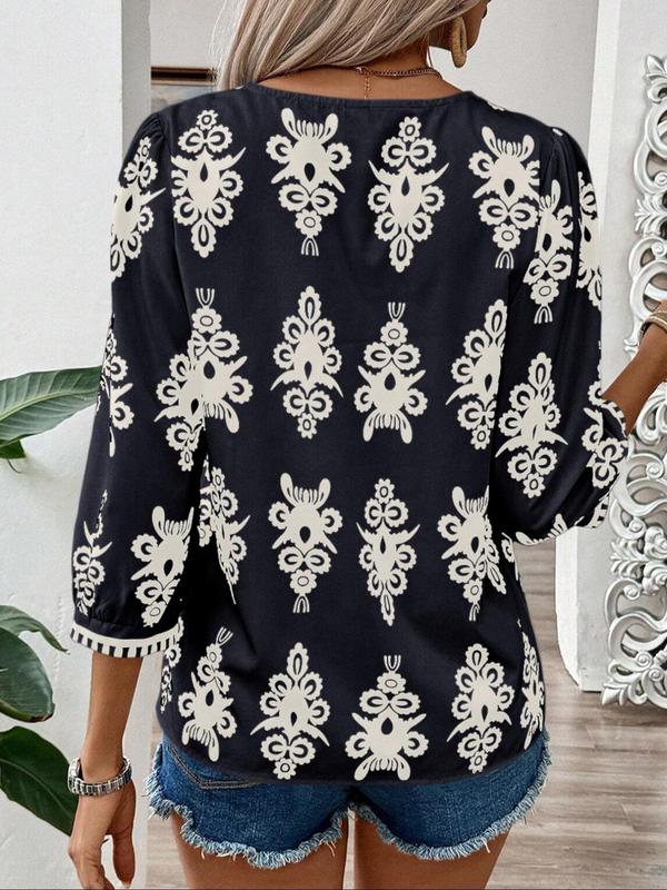 Women's Ethnic Pattern Bishop Sleeve V Neck Blouse, Boho Casual 3 4 Sleeve Top for Spring & Fall, Fall Clothing Women, Women's Clothing for Daily Wear