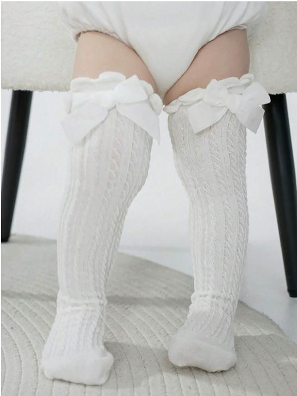 3pairs Girls' White Bowknot Straight Tube Knee High Socks, Sweet And Versatile For Daily Wear