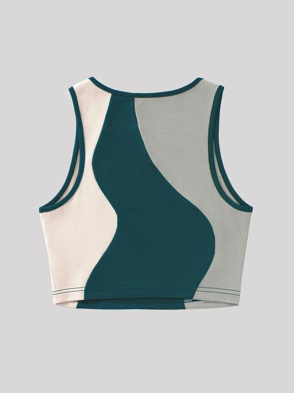 Women's Colorblock Ribbed Crop Tank Top, Casual Sleeveless Round Neck Crop Top for Daily Wear, Ladies Clothes for All Seasons, Fall Outfits, Fallfreshness, 90s Clothes, Fall Outfits