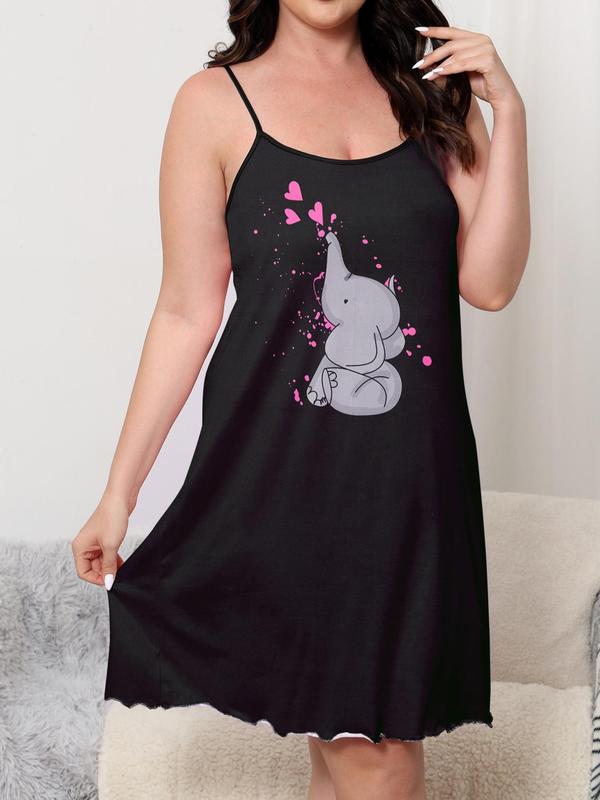  Cartoon Elephant Print Lettuce Trim Cami Nightdress, Casual Soft Comfortable Spaghetti Strap Nightgown for Women, Women's Sleepwear for All Seasons