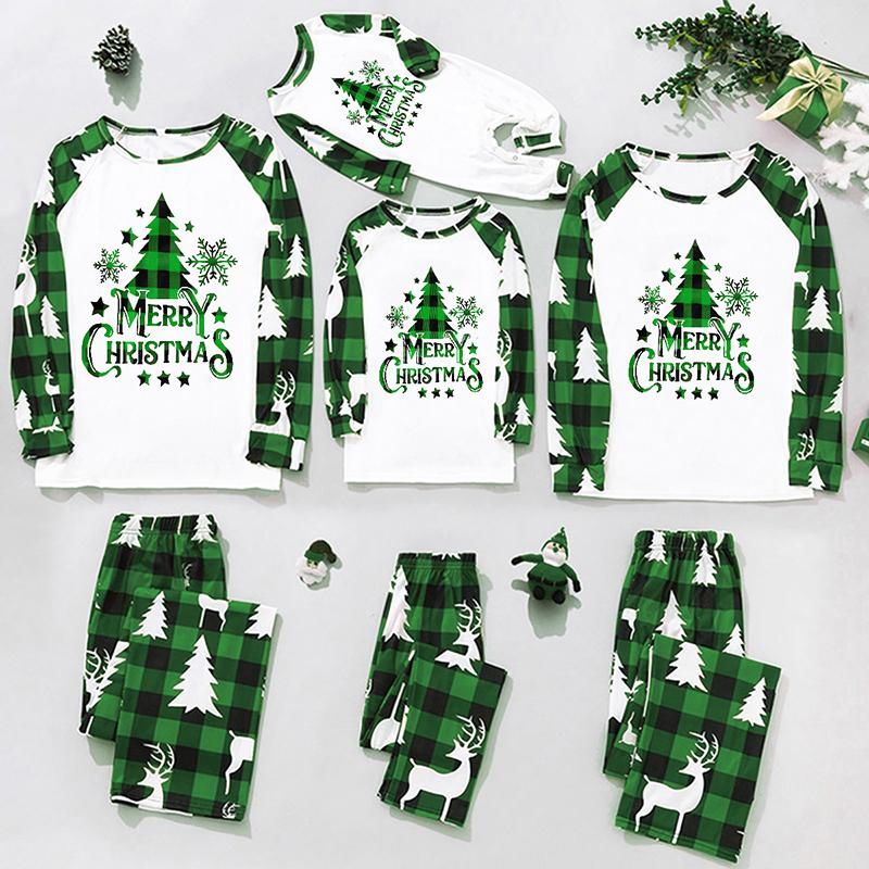 Matching Christmas Pajamas For Family, Long Sleeve Round Neck Tree Print Tops+ Trousers Suit  Infants Romper