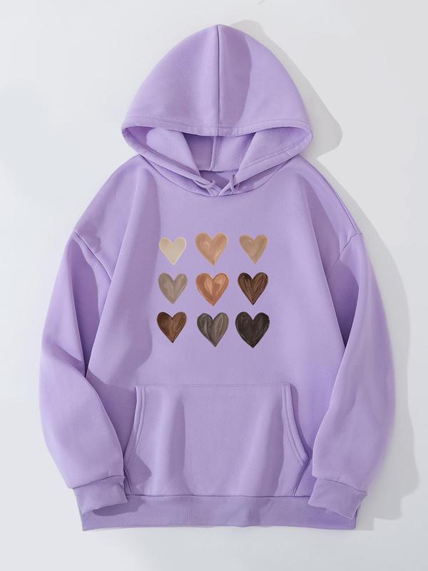  Heart Print Drop Shoulder Hoodie, Fashion Casual Drawstring Pocket Hooded Sweatshirt for Daily Holiday Outdoor Wear, Women Clothing for Fall & Winter