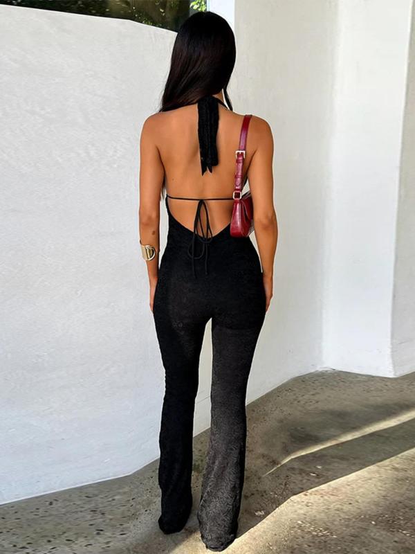 Women's Solid Backless Deep V Neck Tie Back Jumpsuit, Casual Fashion Sleeveless Jumpsuit for Daily Wear, Ladies Clothes for All Seasons