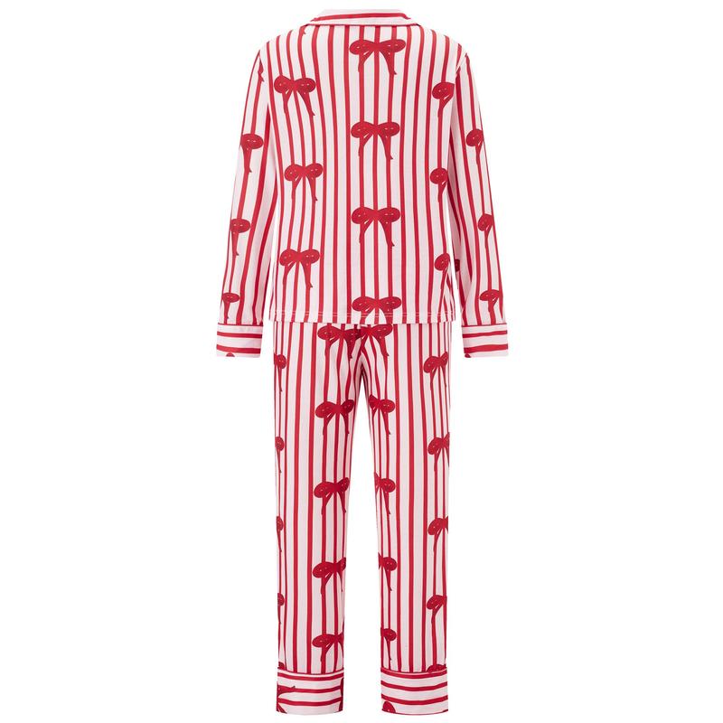 New Red Family Matching Pajama Set Lapel Neck Button-up Long Sleeve Tops Long Pants 2-Piece Bow Solid Color Loungewear Outfit