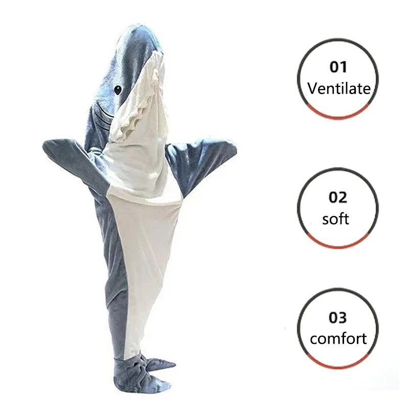 Thickened Warm Flannel Cartoon Shark Sleeping Bag Animal One-Piece Homewear Men Women Pajamas Robe Plush Thick Cute Sleepwear