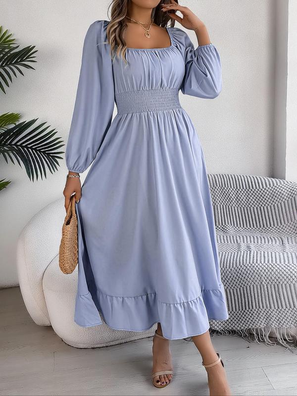 Women's Plain Ruched Ruffle Hem A Line Dress, Elegant Bishop Sleeve Square Neck Long Dress for Fall, Dresses for Women, Fall Outfits, Birthday Dress 2024, Ladies Clothes for Daily Vacation Outdoor